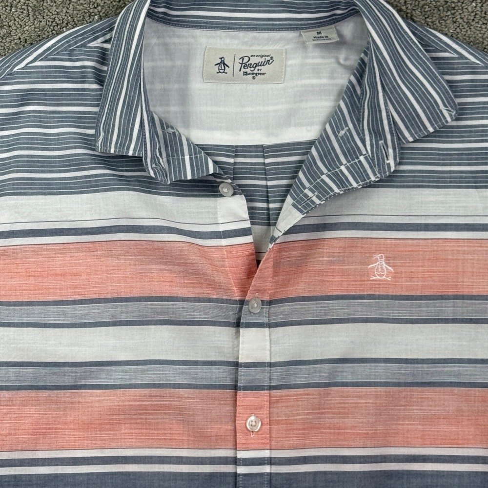 Original Penguin Shirt Mens M Blue Coral Stripe Cotton Short Sleeve Button Up